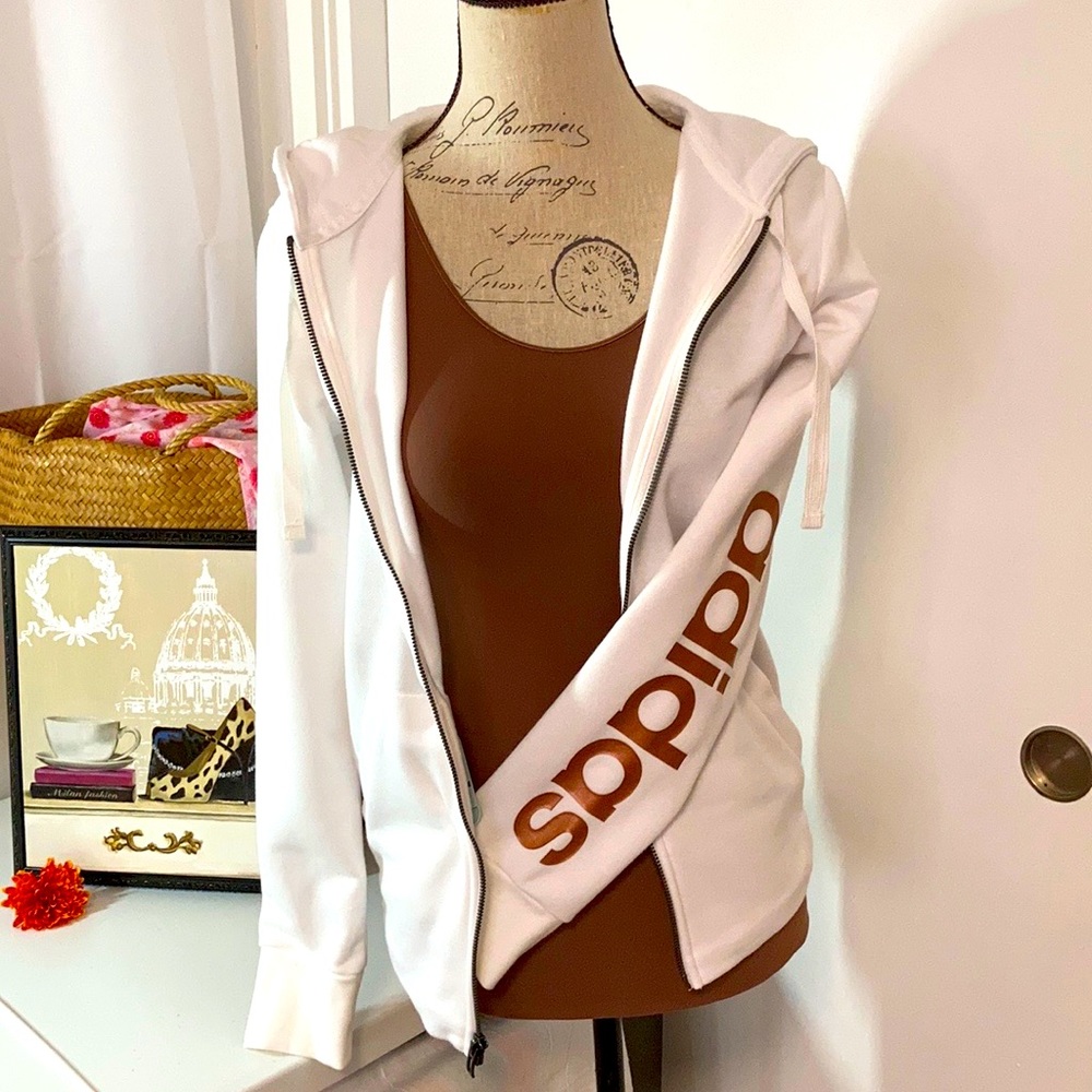 Adidas hoodie. White with rose gold lettering. Full zip. Pockets.